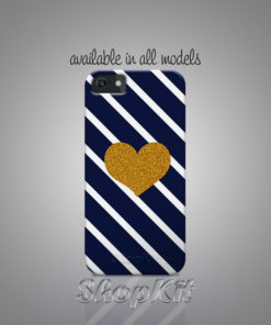 diagonal navy blue and white strips with golden heart on digital printed mobile cover
