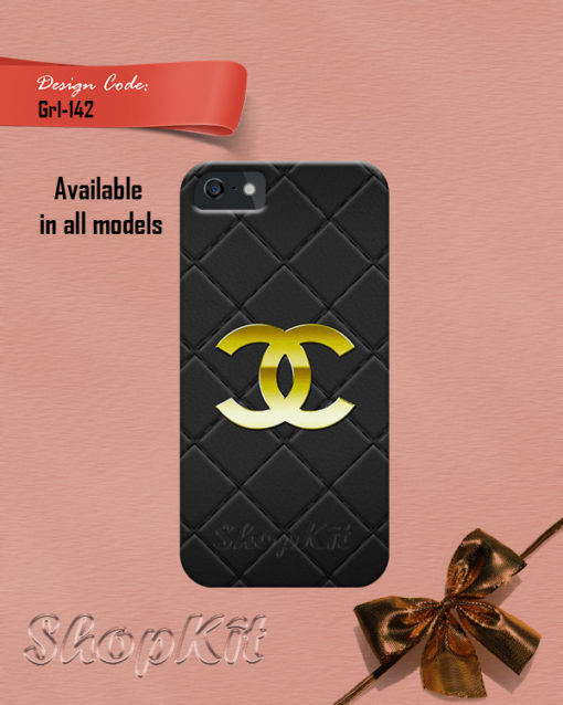 Golden chanel logo on black background customize mobile cover