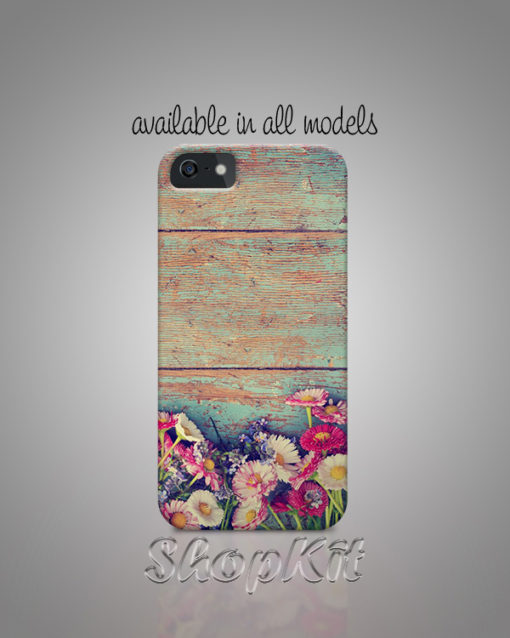 Vintage wood on the background while summer flowers on the forground mobile cover