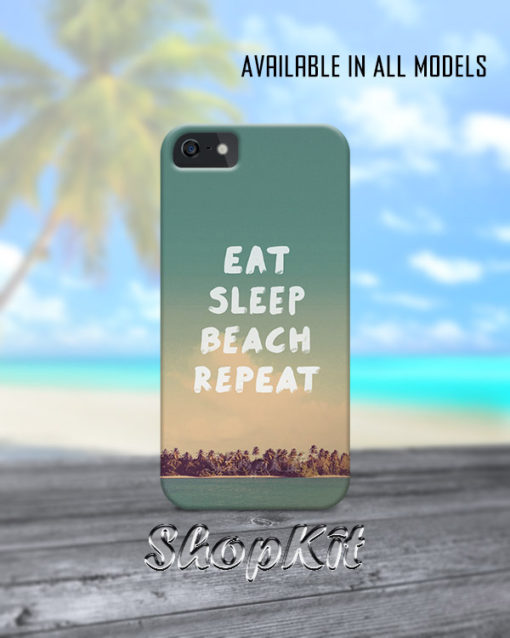 eat sleep beach repeat written on sunset background
