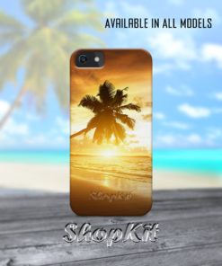 sunsetting on beach with palm tree on left side mobile cover