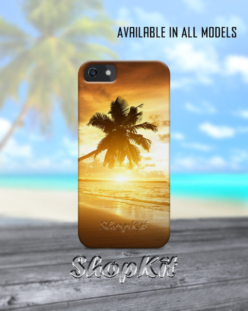 sunsetting on beach with palm tree on left side mobile cover
