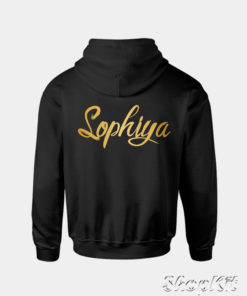 Custom name pullover hoodie with golden text.