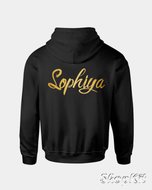 Custom name pullover hoodie with golden text.
